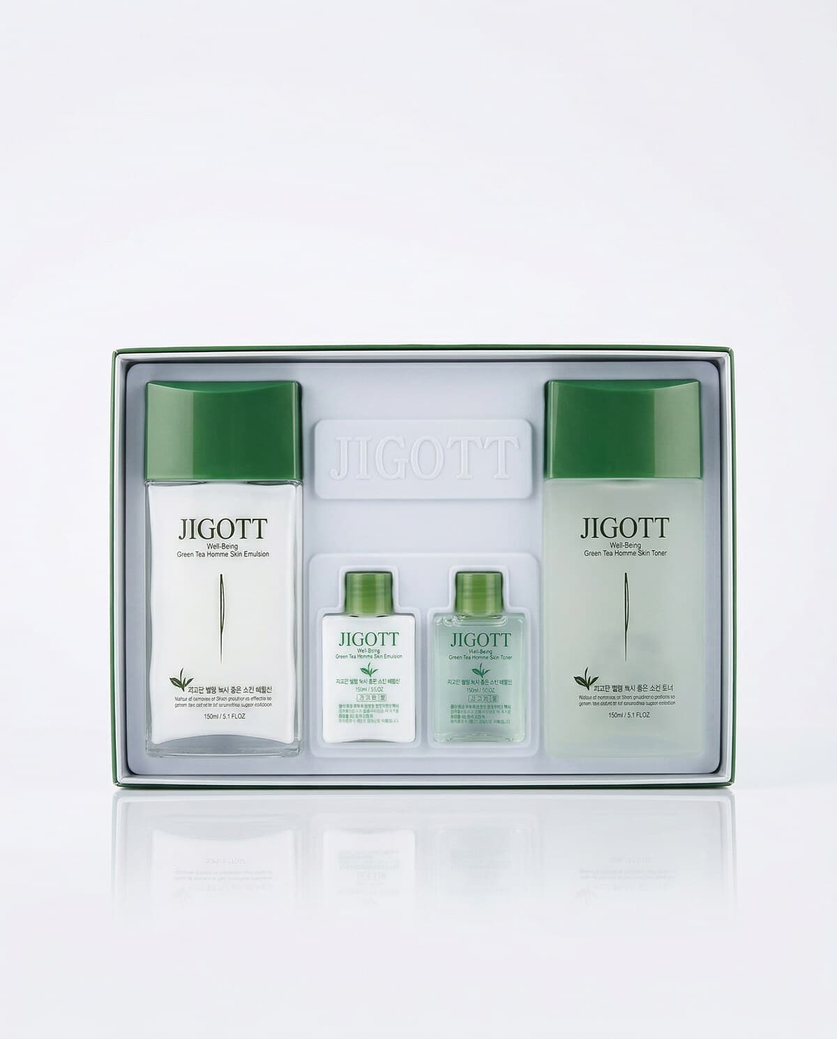 Jigott Well-Being Green Tea Homme Skin Care 2SET, мужской набор с зелёным чаем (тонер + эмульсия)
